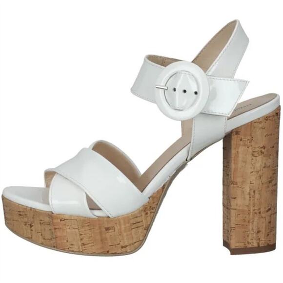 nerogiardini Shoes - NeroGiardini White & Tan Cork Buckle Patent Leather Platform Heels Women's 11